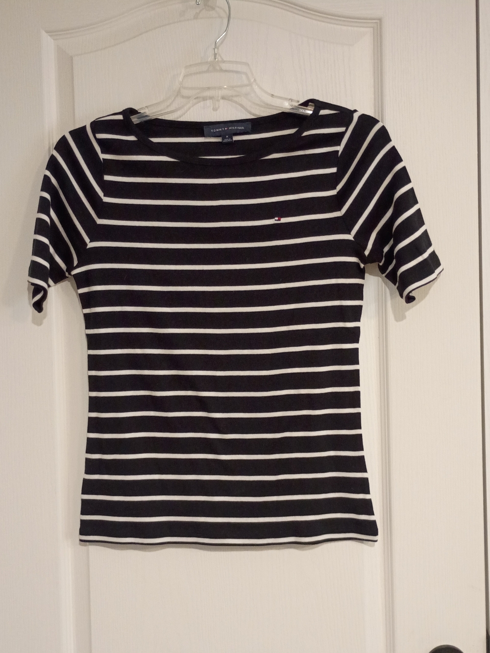 Tommy Hilfiger - Black and White Striped Short Sleeve Tee - Size M